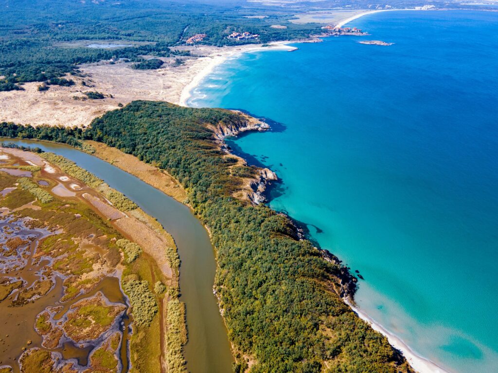 Stunning aerial view of Primorsko coastline featuring the sea meeting lush forests and winding river.